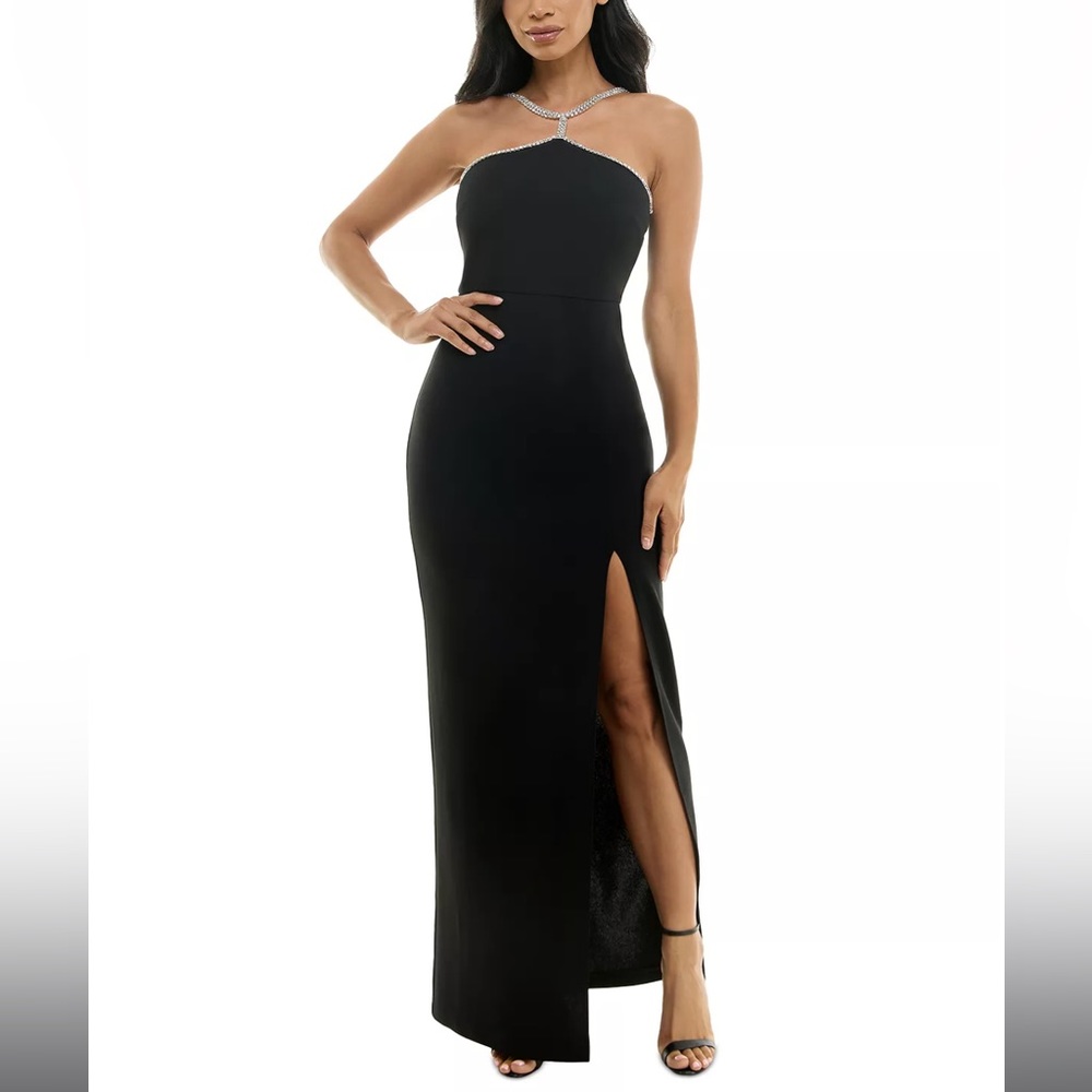 Black Gown Beaded Halter-Neck Sleeveless